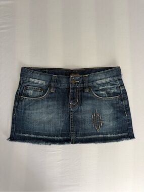 Machine Dark Blue Distressed Denim Mini Skirt